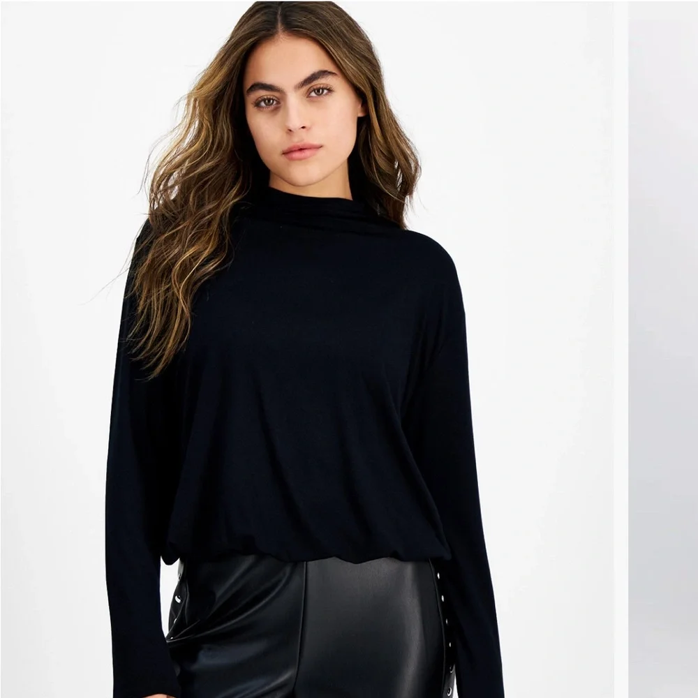 Bar III Petite Mock Neck Long-Sleeve Blouson Knit Top - Picture 1 of 2